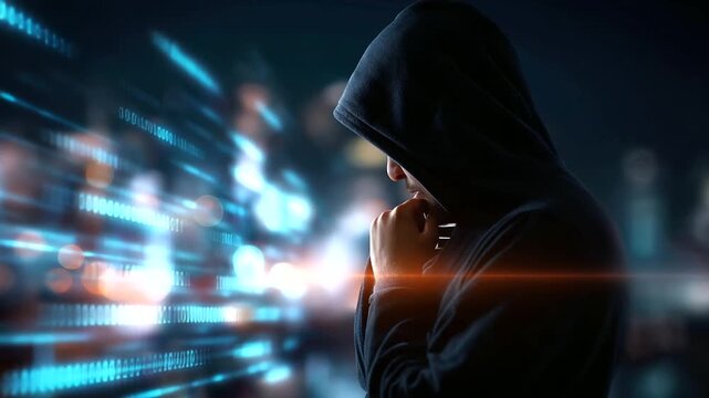 Silhouette of hooded criminal hacking computer, binary code background display, cyber crime concept visualization, digital threat scenario, anonymous attacker representation, defoc