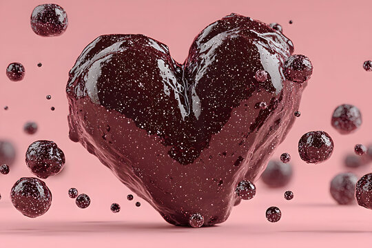 A glossy chocolate heart emerges amidst floating droplets, set against a soft pink background. this visually appealing scene embodies romance and indulgence, perfect for valentine's themes or confecti