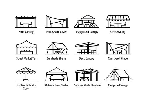 Outdoor Shade Covers. Line icon set of Outdoor Shade Covers: patio canopy, park shade cover, playground canopy, cafe awning, street market