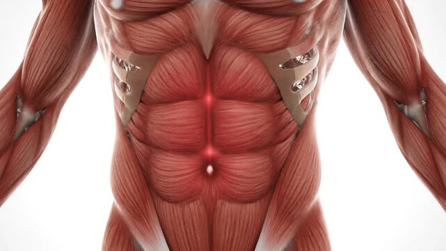 Detailed Animated Render of Visible Abdominal Muscles for Anatomy Education and Medical Presentation Against a Clean