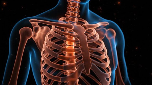 Detailed Animation of Orange Human Skeleton with Blue Tissue Outline on Black Backdrop Medical Visualization Animated