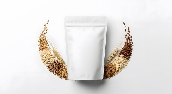 White Stand-up Pouch Mockup with Artistic Arrangement of Grains and Cereal Seeds