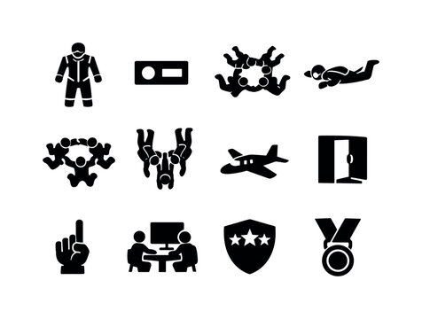 Professional Skydiving. Solid icon set of Professional Skydiving: competition suit, sponsor patch, formation dive, freefall posture, team