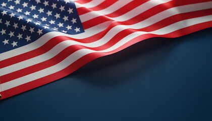 Fototapeta premium Waving United States of America Flag on Dark Blue Background with Copy Space - Patriotic USA Concept for Memorial Day, July 4th, Patriotic National Holidays and Veterans Day