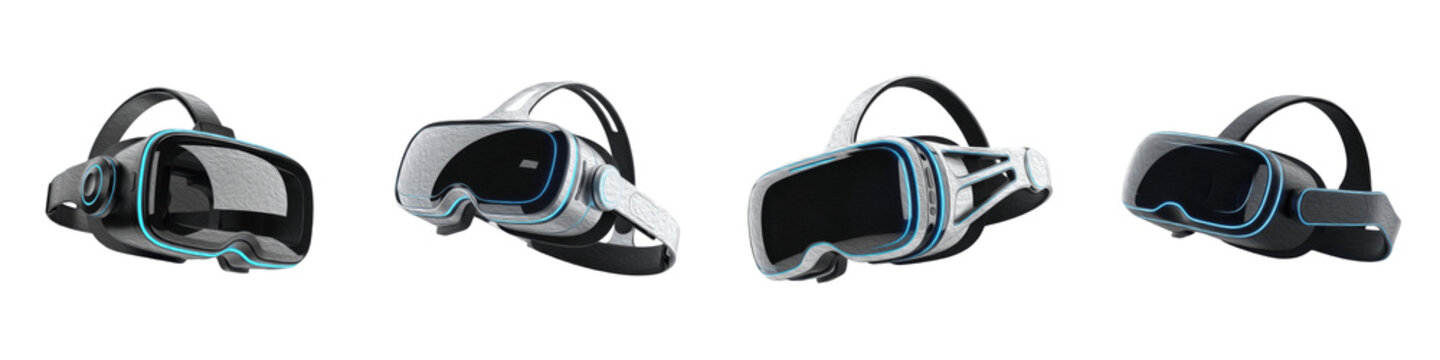 Set and collection of modern virtual reality headsets, futuristic VR goggles for gaming and metaverse, isolated on white transparent png background.