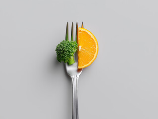 A fork holds a piece of green broccoli and a slice of orange fruit.