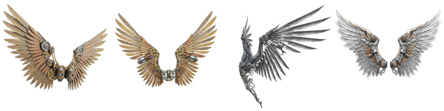 Set and collection of mechanical robotic wings, steampunk and sci-fi bionic wing kit, isolated on white transparent png background.