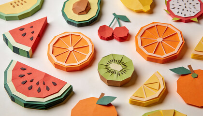 Assorted paper fruit including watermelon, orange, kiwi, and avocado arranged on white background, paper cut art style, studio lighting, high angle view, minimalist composition.