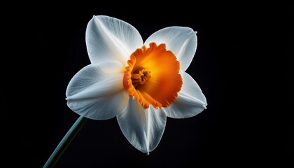 Fototapeta premium Close Up Of A Single Daffodil With White Petals And A Vibrant Yellow Orange Corona Isolated On Black