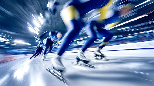 Speed skaters racing with motion blur on ice rink