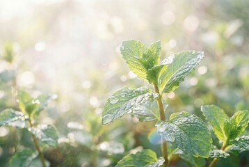 Obraz premium Refreshing green mint leaves with crystal clear water droplets in a sunny garden