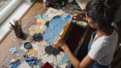 Young woman artist working at messy studio table, overhead view of collage and paint tools, creative hobby mood, ideal for art class content and Womens History Month