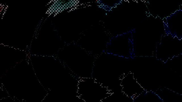 Futuristic digital particles form a grid of light lines that spread in a continuous, colorful motion.	