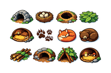 Fototapeta premium Animal den. Colorful isometric vector icons set of Animal den: cave entrance, cozy nest, burrow hole, soft leaves, den inside view, animal
