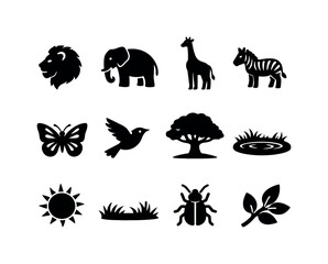 Naklejka premium Summer Wildlife. Solid icon set of Summer Wildlife: lion, elephant, giraffe, zebra, butterfly, bird flying, tree shade, water hole, sun heat,