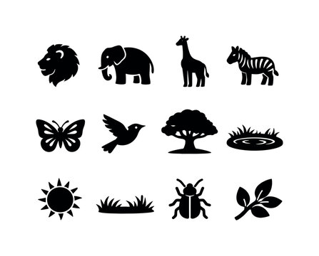 Summer Wildlife. Solid icon set of Summer Wildlife: lion, elephant, giraffe, zebra, butterfly, bird flying, tree shade, water hole, sun heat,