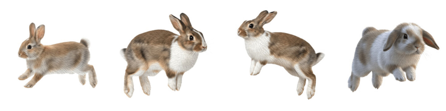 Set of Cute Brown and White Fluffy Rabbits, Realistic Jumping and Sitting Bunny Collection for Easter and Pet Care, 3D Rendered Domestic Animals Isolated on White Transparent PNG Background