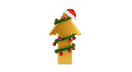 Naklejka premium A glossy golden up arrow, adorned with a festive Santa hat and Christmas garland, isolated.