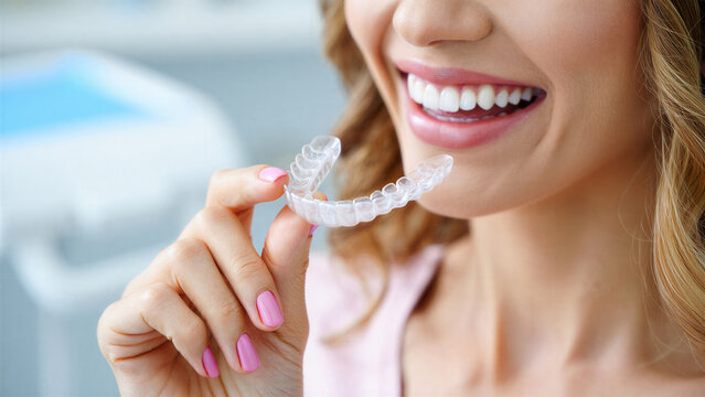 Transparent dental aligner held by smiling woman, orthodontic treatment innovation, clear teeth aligners, modern dental care technology, invisible braces alternative, teeth straightening solution
