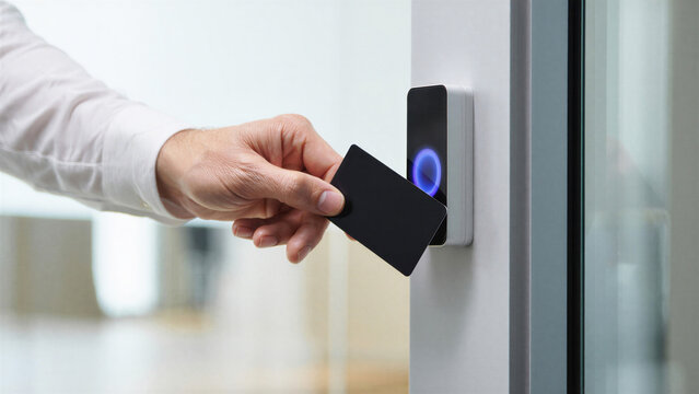Access control security with smart card reader, hand holding RFID card near electronic lock system, office building entrance management, modern technology, secure access verification