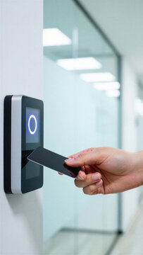 Close up of female hand holding RFID access card near modern electronic reader on office wall, using contactless security system, smart building entry control, identification authorization technology