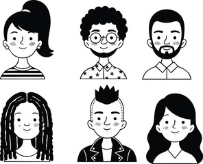 collection of minimalist black and white line art portraits featuring diverse hairstyles and accessories for modern user profiles, web design, and social media icons.