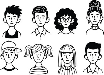 A creative collection of minimalist black and white line art portraits featuring various hairstyles and accessories for modern user profiles