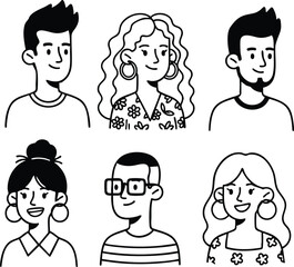 collection of six diverse line art avatars featuring men and women with different hairstyles and accessories