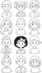 Twelve Hand Drawn Minimalist People Avatars and Cute Anime Style Character Icons