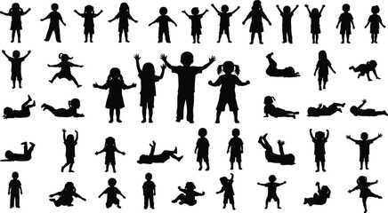 Children silhouettes collection, kids playing jumping running crawling standing, childhood activity set, playful poses illustration isolated on white background vector design