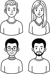 A collection of clean black and white line art avatars featuring diverse male and female characters, perfect for professional user profiles and modern web design interfaces.