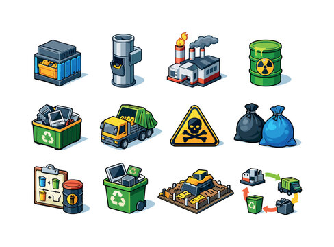 Waste disposal. Colorful isometric vector icons set of Waste disposal: trash compactor, waste chute, incineration plant, toxic waste bin,