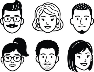 A clean collection of diverse line art character avatars featuring various hairstyles, facial hair, and glasses in a modern minimalist flat design style for web profiles.