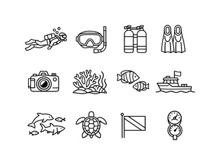 Scuba diving and underwater tourism. Line icon set of Scuba diving and underwater tourism: scuba diver, diving mask, oxygen tank, flippers,