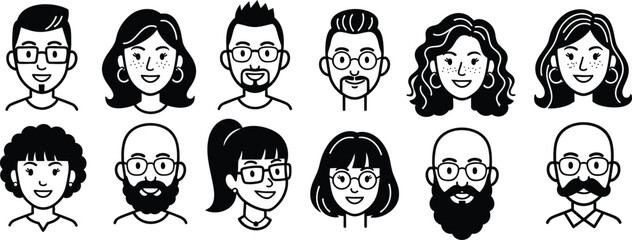 A clean collection of twelve diverse male and female character line art illustrations, perfect for modern web profiles, team pages, and user interface design.