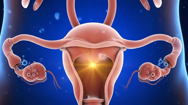 Uterus and Fallopian Tubes Illustration with Sparkle on Blue Backdrop for Medical Purposes and Education