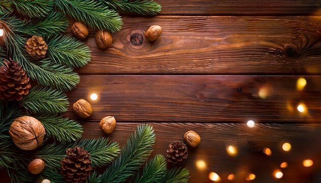 Fondo De Madera Con Adornos Navidenos Luces Hojas De Cedro Y Frutos Secos Ideal Para Usar Como Fondo Para Un Mensaje Para Las Fiestas