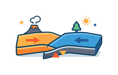 Earth science and geology expressed through tectonic plates gently shifting with arrows and markers, conveying movement, balance, and long