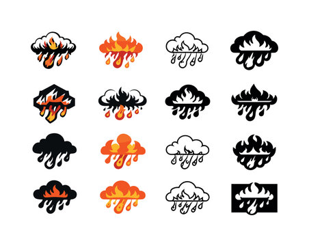Fire Brimstone Icons. Fire and brimstone raining down. Icon set. Set Logo of Fire and brimstone raining down: clouds emitting fire. harmonious logo variations