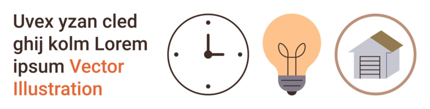 Time management, creativity, home design, innovation, productivity, organization. A clock, light bulb and house icon visually presented. Time management and creativity symbols for dynamic concepts