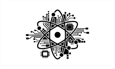 Atom and circuit board fusion representing science and technology.