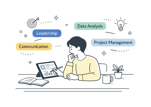 Skill mapping visuals. Editorial-style workspace with tablet and floating skill tags, calm review process highlighting personal development