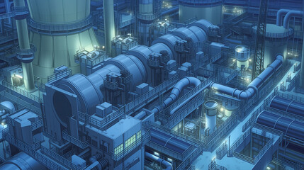 アニメ調で描かれたプラント施設内部のイラスト背景