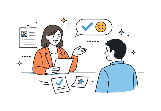 Positive Interview Feedback. job interview feedback. A recruiter smiling while giving feedback to a candidate, documents and small abstract stars floating