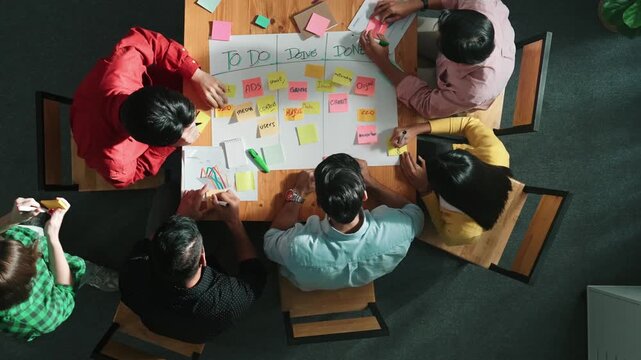 Time lapse of people writing and making scrum task board while writing marketing and planning strategy at colorful sticky notes. Smart team manage work performance by using kanaban board. Convocation.