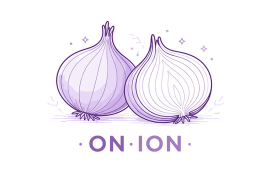 Purple onions illustration with elegant lines and sparkles on white background