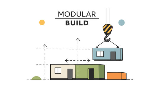 Modular build concept with crane lifting section of prefabricated home