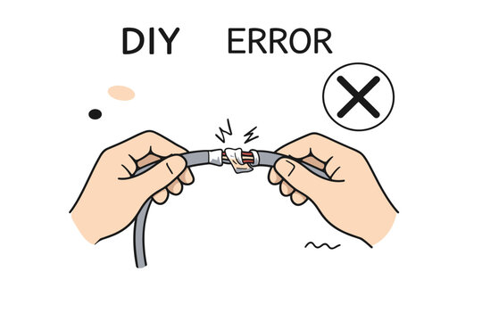 Diy electrical error with damaged cable held by hands