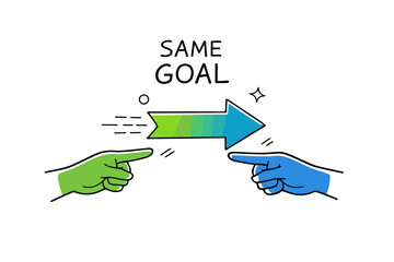 Collaboration concept with two hands pointing at an arrow