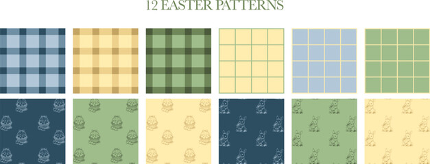 Easter patterns with pastel plaid and grid designs, bunny and egg illustrations, seamless spring backgrounds for wrapping paper, textiles, invitations, and stationery